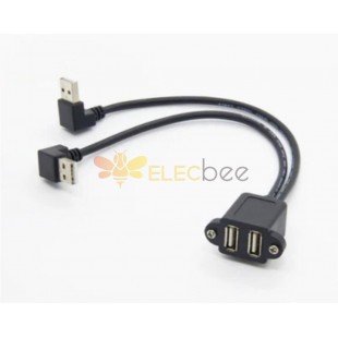 Dual USB 2.0 Type A Female Panel Mount to Right Angled Type A Male 2 Ports R/A Extension Adapter Cable 30CM