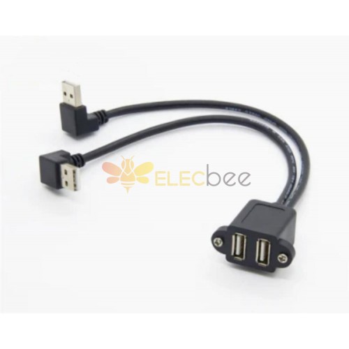 Dual USB 2.0 tipo A montagem em painel fêmea em ângulo reto tipo A macho 2 portas R/A cabo adaptador de extensão 30 cm