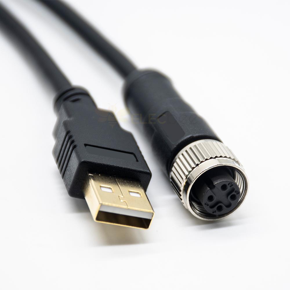 M12 4 Pin A Código Hembra a USB 2.0 A Macho M12 a USB Conjunto de cable 3M AWG26