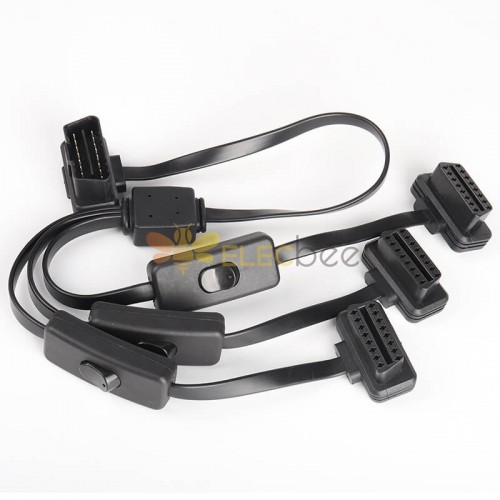Slim Flat Cable Automobile OBD2 Male To 3 Female With Switchs OBD Extension Cable 8 Pin 60Cm