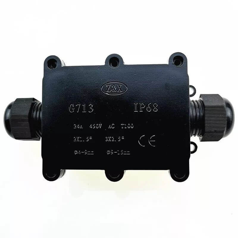 Caixa de junção à prova d\'água de plástico IP68 G713 bidirecional para luzes de rua led com conexão de cabo preta selável preta