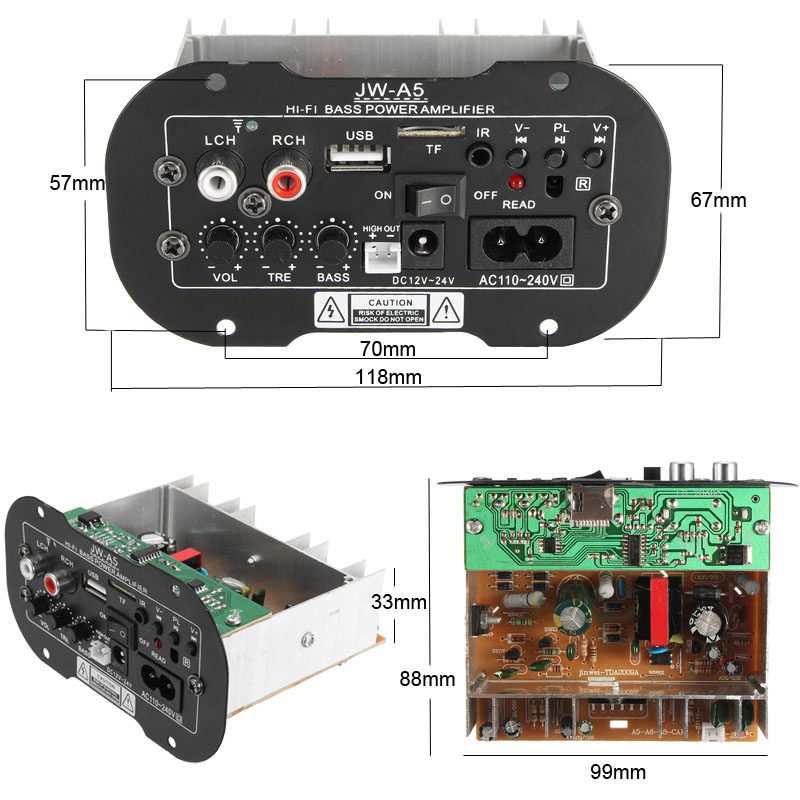 Bluetooth Car Subwoofer Hi-Fi Bass Power Amplifier Board TF USB 12V/24V/220V 30W 