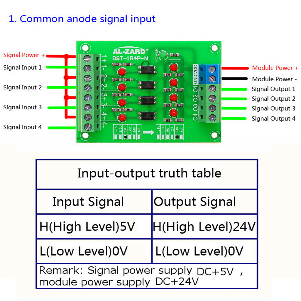 5V to 24V PLC Signal Converter Level Voltage Board 4Bit Optocoupler Isolator Sig 