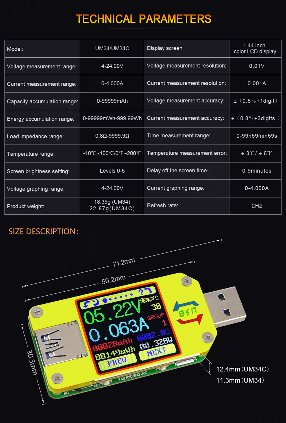 RIDENreg-UM34-USB-30-Type-C-DC-Voltmeter-Ammeter-Voltage-Current-Meter-Battery-Charge-Measure-Cable--1311174