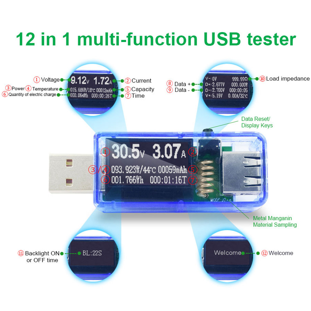 5 pièces 12 en 1 testeur USB Transparent DC voltmètre numérique ampèremètre  détecteur batterie externe chargeur